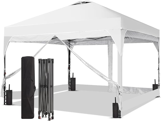 10x10FT Canopy Tent, 1-Button Push Instant Pop Up Canopy with 4 Sandbags, Easy Setup Outdoor Gazebo Shelter (White, 10x10 with PVC Sidewalls)