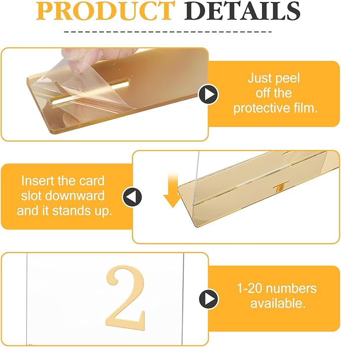 Wedding Table Numbers 1-20 with Stands 3D Gold Number 5.5” x 7” Arch Transparent Acrylic Signs with Holder Clear Acrylic Table Numbers for Wedding Reception Anniversary Party Events