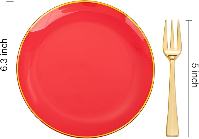 Festiva 200Pcs Red Gold Dessert Plates 6.3" with Plastic Forks 5"-Small Disposable Plates- Dessert/Cake/Appetizer Plastic Plates include 100Plates 100Forks for Birthday Party&July 4th