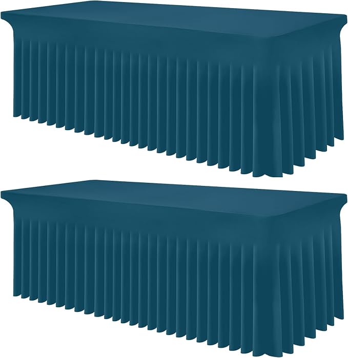 Smiry Spandex Tablecloth 2 Pack, Elastic Fitted Stretch Tablecloth for 8FT Rectangle Tables, Waterproof Washable Table Cover Skirt for Wedding, Banquet & Parties (Peacock Blue, 96Lx30Wx30H Inch)