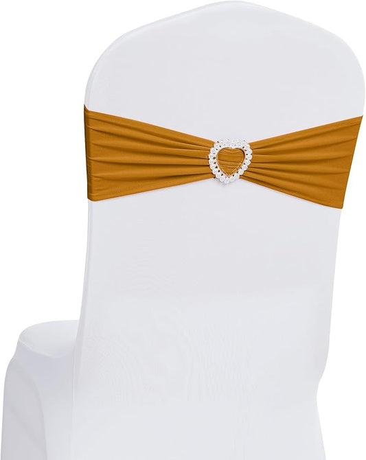 Howhic Pack of 120 Spandex Chair Sashes Bows Stretch Chair Cover Band with Buckle Slider Universal Elastic Chair Ties for Wedding Banquet Party Event Decoration (Gold)