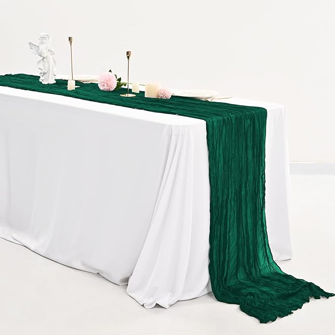 10 Pcs Dark Green Cheesecloth Table Runner 10FT, Gauze Table Runner for Wedding Reception Sheer Bridal Shower Birthday Party Boho Table Decoration, Rustic Romantic Wedding Runner