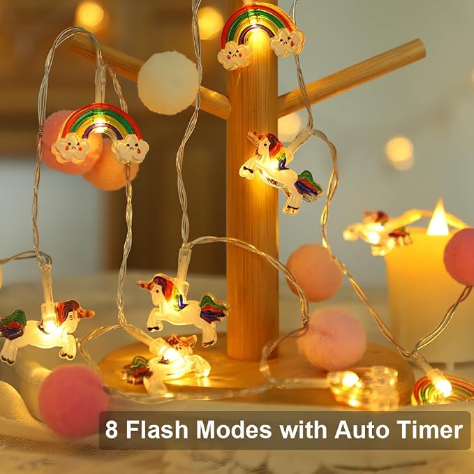 9.85 Feet Pom Pom Unicorn Rainbow String Lights, Auto Timer & 8 Flash Modes, 20 LED Battery Operated Fairy Lights for Kids Bedroom Play Tent Girls Birthday Baby Shower Holiday Christmas Decoration