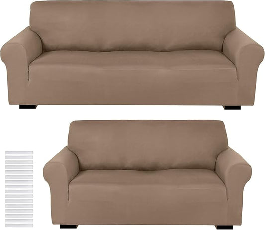 Peryiter 2 Pcs Sofa Covers Couch and Loveseat Covers Set Stretch Sofa Slipcover for Living Room Armchair Furniture Protector, Wrinkle Proof(Camel,Milk Silk)