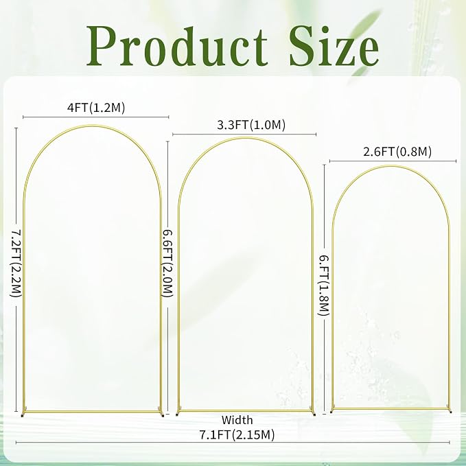 3 Pack Wedding Arch Backdrop Stand, Gold Metal Balloon Arch Stand Set of 3 (7.2FT, 6.6FT, 6FT), Upgraded Pre-Attached Parts Design Arched Frame Decoration for Wedding, Birthday, Baby Shower, Party