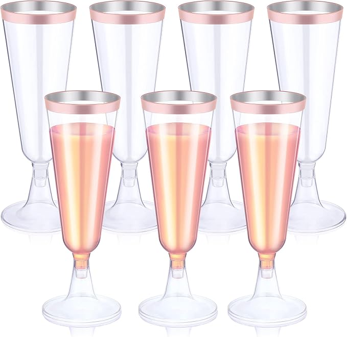 Thenshop 50 Pack Rose Gold Plastic Champagne Flutes 5.5 oz Elegant Clear Disposable Champagne Glasses Detachable Hard Toasting Glasses for Wedding Party Fancy Vino Cocktail Cups(Clear)