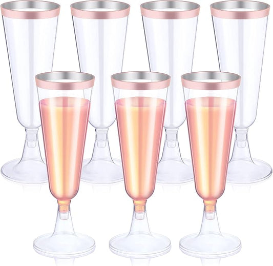Thenshop 50 Pack Rose Gold Plastic Champagne Flutes 5.5 oz Elegant Clear Disposable Champagne Glasses Detachable Hard Toasting Glasses for Wedding Party Fancy Vino Cocktail Cups(Clear)