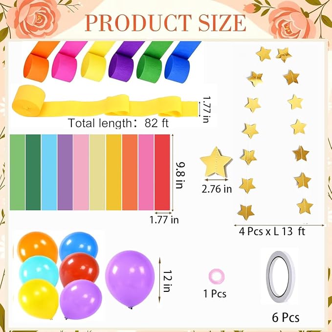 Rainbow Paper Chain Garland Party Decorations Include 400 Sheet Paper Chain Strips,492ft Crepe Paper Streamers,52ft Star Strips Hanging,24 Balloons for Kid's Birthday Wedding Party Supplies
