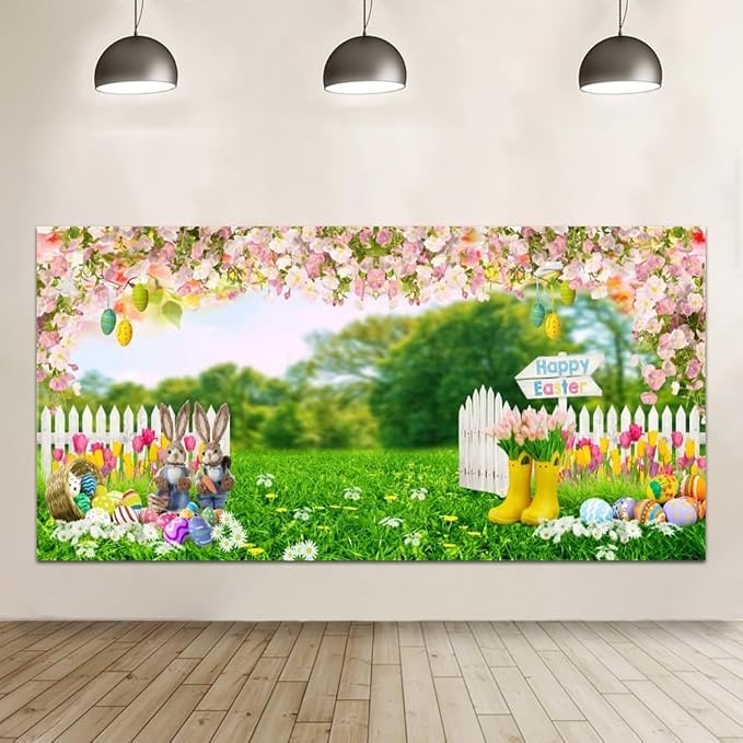 Easter Photo Backdrop 20x10ft Spring Garden Bunny Eggs Floral Green Grass Fence Easter Photography Backdrops for Happy Easter Party Decorations Banner Photo Booth Studio Props