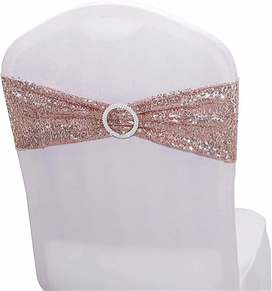Sequin Chair Sashes Spandex, Pack of 12 Sequin Stretch with Buckle Chair Bands for Wedding Banquet Birthday Graduation Party Anniversary Prom Celebration Chair Decorations (Rose Gold, 12pcs)