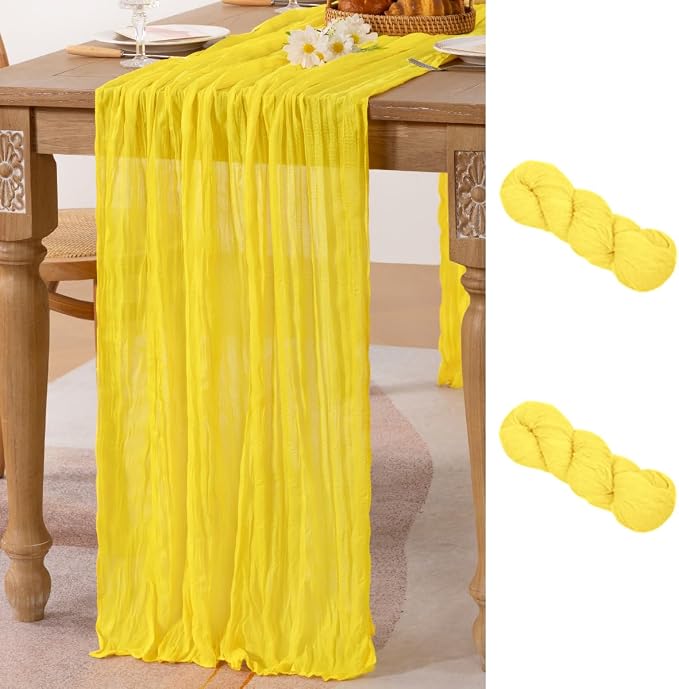 MLMC 2 Pack Yellow Table Runner 10ft Rustic Summer Cheesecloth Table Runner Gauze Cheese Cloth Centerpiece Decororations 35x120 Inches for Wedding Baby Shower Outdoor Picninc Decor