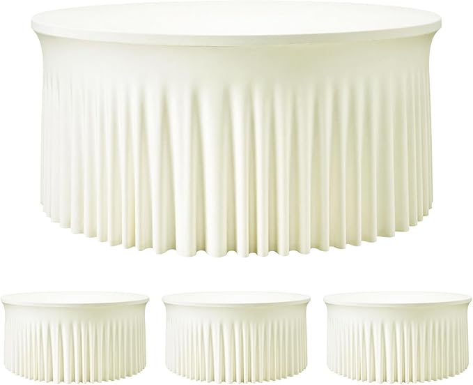 4 Pack Ivory 72 inch Round Spandex Tablecloth, Wrinkle-Free Stretchy Fitted 6FT Round Tables,Elastic Edge with Skirt,Washable Table Cloths for Wedding Banquet Party Birthday Buffet