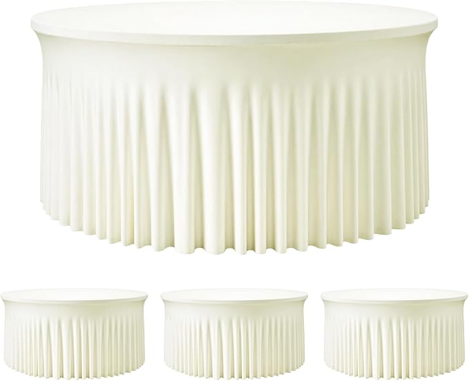 4 Pack Ivory 60 inch Round Spandex Tablecloth,Wrinkle-Free Stretchy Fitted 5FT Round Tables,Elastic Edge with Skirt,Washable Table Cloths for Wedding Banquet Party Birthday Buffet