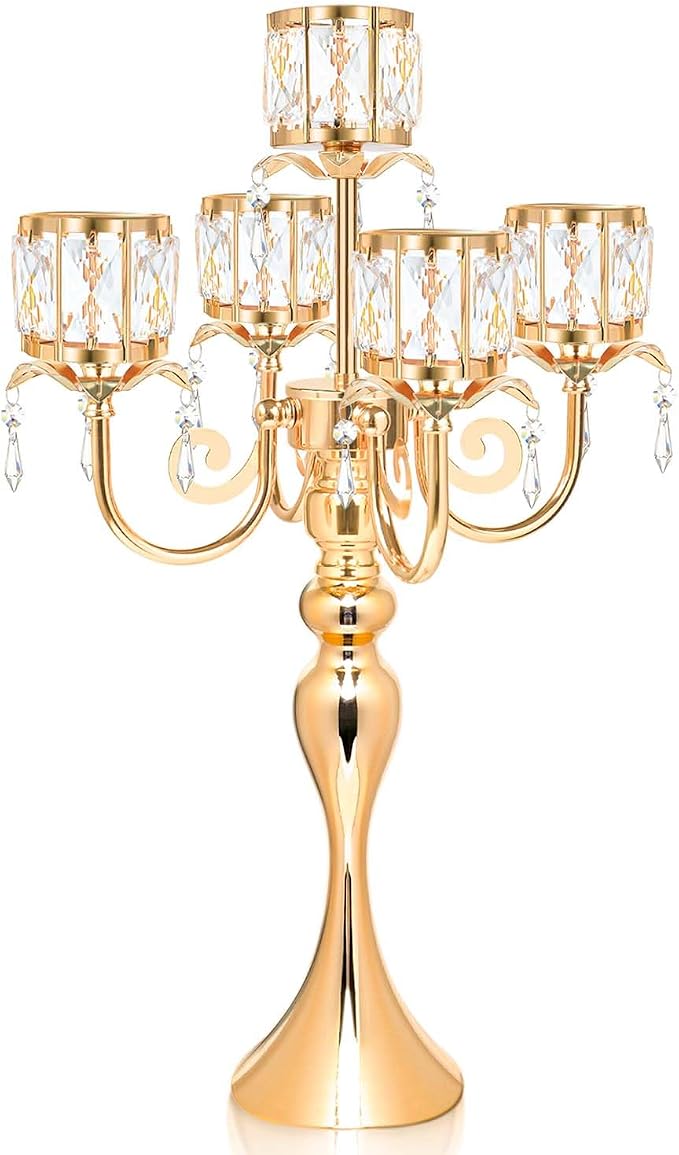 Gold 5 Arm Pendant Square Crystal Table Decor 22 inch Candle Holder, Classic and Elegant Table Centerpiece Atmosphere Candle Holders for Gift Wedding Party Home Decor