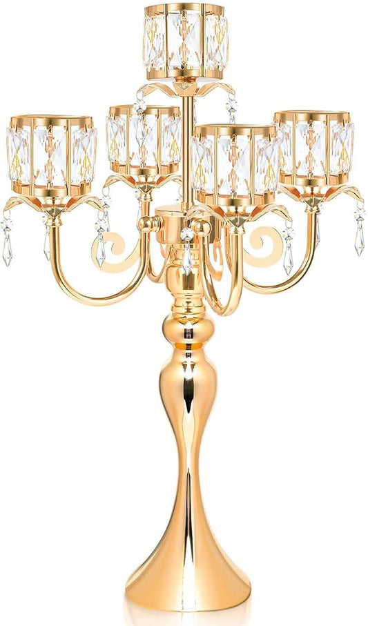 Gold 5 Arm Pendant Square Crystal Table Decor 22 inch Candle Holder, Classic and Elegant Table Centerpiece Atmosphere Candle Holders for Gift Wedding Party Home Decor