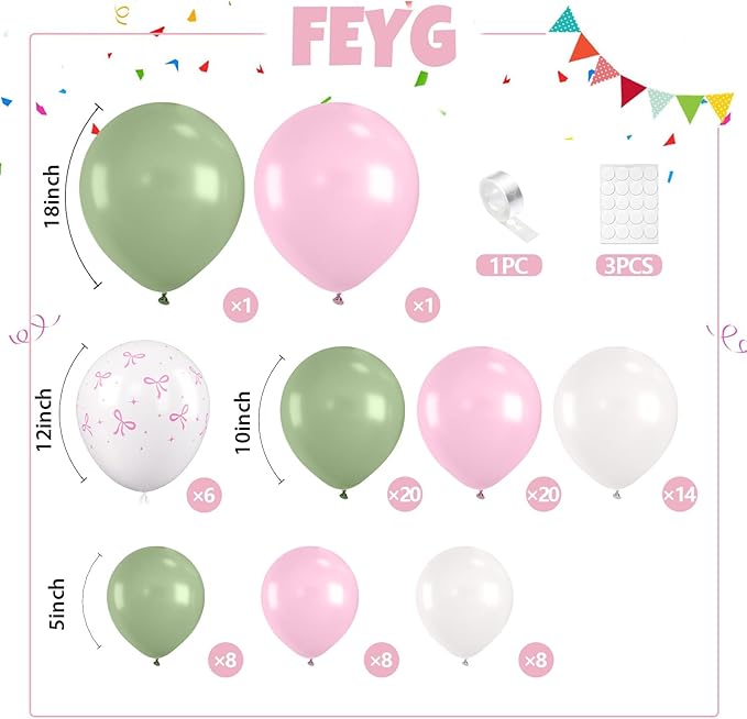 Sage Green Pink Balloons Garland, Green Pink Balloon Arch Kit with Bow White Latex Balloons for Baby Shower Birthday Bridal Wedding Party Decoration