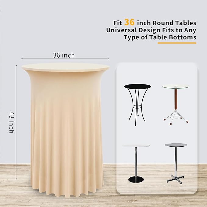 2 Pack Champagne Round High Top Cocktail Table Cloth 36×43 Inch, Wrinkle Free Stretch Spandex Cocktail Tablecloths Table Covers with Wavy Skirt for Cocktail Party Banquet Birthday Bar