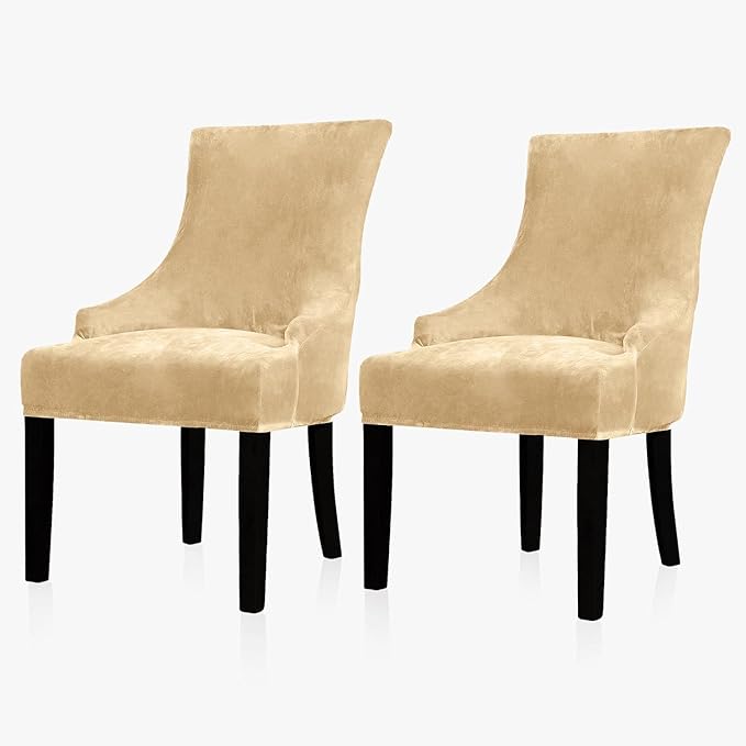 Lellen Velvet Stretch Wingback Chair Cover - Reusable Wingback Side Chair Slipcover Chair Seat Cover Chair Protector Cover for Dining Room Banquet（Sand Color,2PC