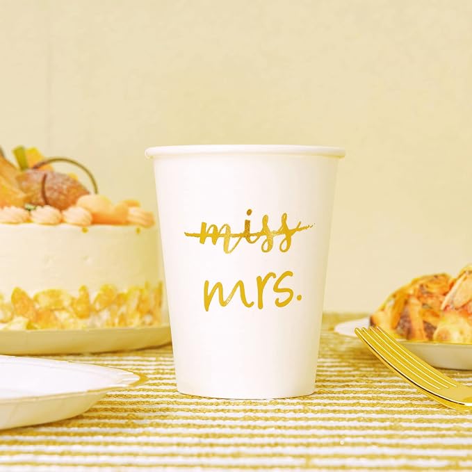 Crisky Gold Miss to Mrs Napkins Plates Cups Set for Bridal Shower Engagement Bachelorette Party Decorations Party Supplies, Disposable Tableware Set of 24 (9" & 7" Plates, Luncheon Napkin, 9oz Cups)