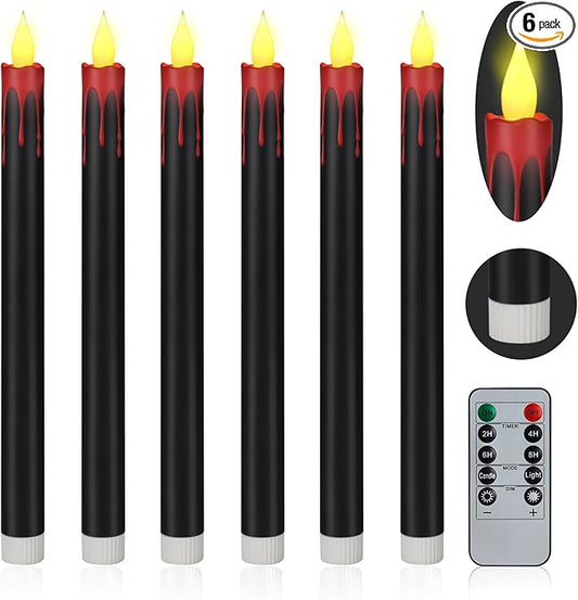 wemarry Flameless Taper Candles 10.6" Dripless Battery Operated Taper Candles Included Remote Timer 400+ Hours by 2AA Batteries for Halloween Christmas Wedding (Black+Burgundy, 6 Pack)