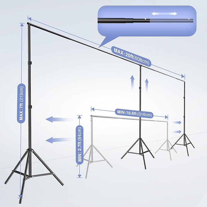 EMART Backdrop Stand, 20x7ft(WxH) Large Adjustable Background Support System with 308° Angle Rotatable Connector, 8 Clamps, 3 Sandbags and Carry Bag for Parties, Wedding, Photography Studio