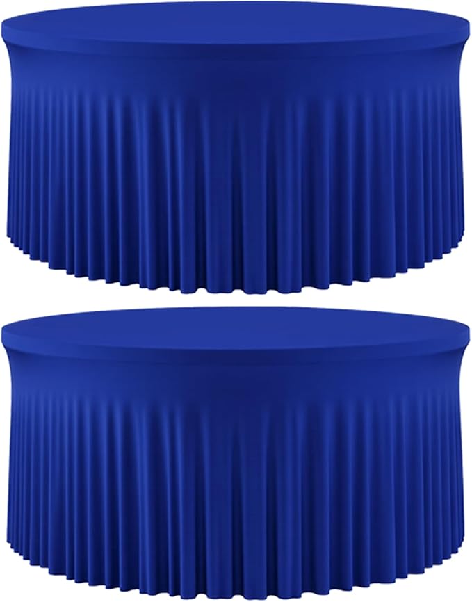 2 Pack Royal Blue 60 inch Round Spandex Tablecloth, Washable Stretchy Fitted 5FT Round Tables,Elastic Edge with Skirt, Wrinkle-Free Table Cloths for Wedding Banquet Party Birthday Buffet