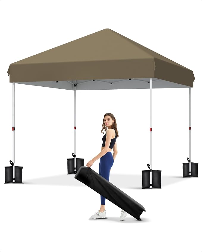 10x10 Pop Up Canopy with One Button Push Setup - Heavy Duty Outdoor Canopy Tent with Portable Roller Bag - 3 Adjustable Height, 4 Weight Bags, 8 Stakes & 4 Guy Ropes Included, Khaki