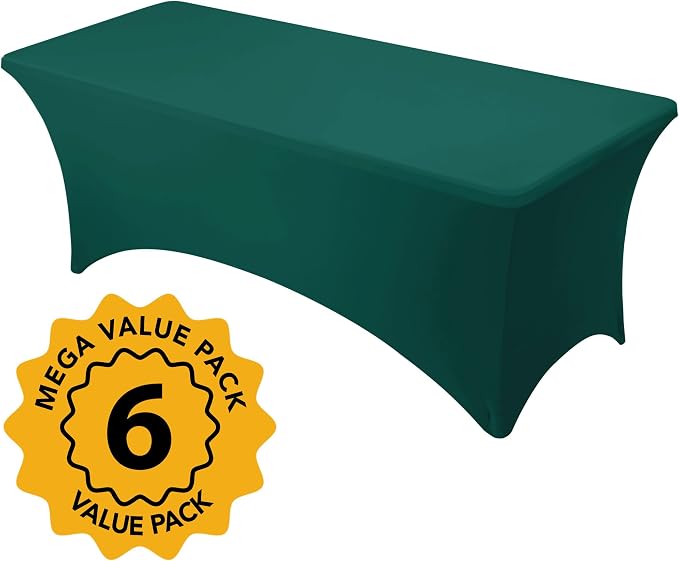 6-Pack Premium Hunter Green Spandex Tablecloths for 8ft Rectangle Tables, Stain & Wrinkle-Resistant, Washable Stretch Polyester Fitted Table Cover for Weddings, Banquets, Trade Shows Events