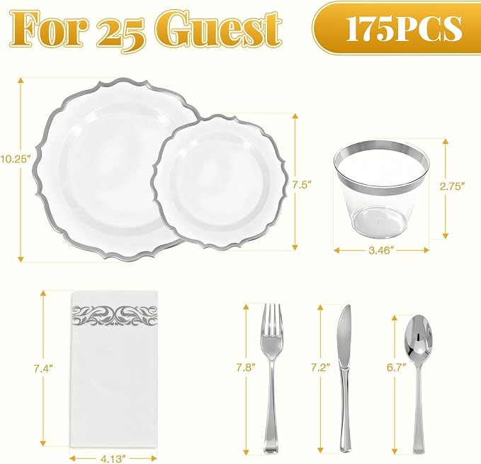 Glowserve 175 Piece Disposable Plastic Plates Dinnerware Set for 25 Guests | 50 Plastic Plates,25 Silverware Set,25 Cups and Napkins,Party Wedding Birthday,Family Gathering,Fancy Plastic Plates