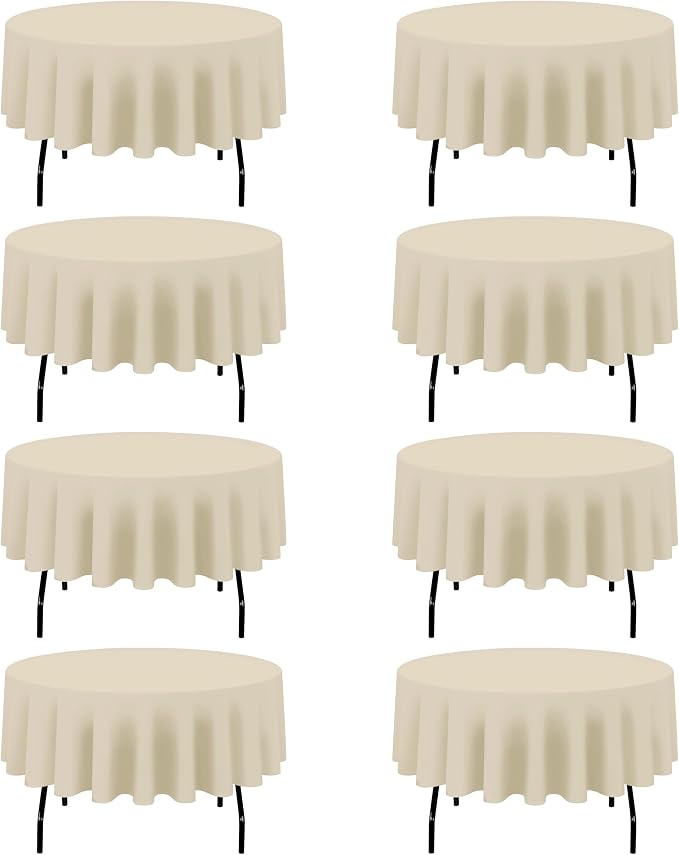 BRILLMAX 8 Pack Beige Round Tablecloths 90 Inch for 60” Tables - 150 GSM Polyester Fabric, 15" Standard Drop, Water, Stain & Wrinkle Resistant Cloth Cover for Wedding Reception Banquet Dining