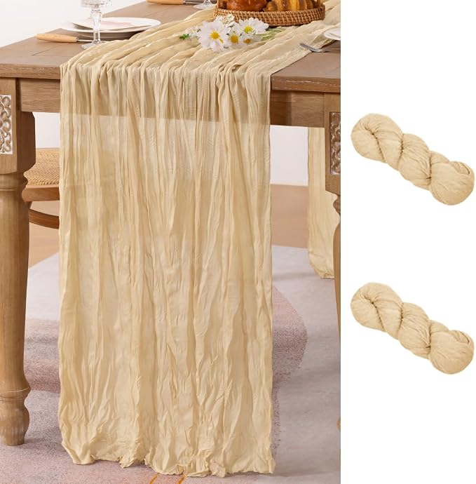 MLMC 2 Pack Champagne Cheesecloth Table Runner 10ft Sand Rustic Gauze Cheese Cloth Table Runner 35x120 Inches for Farmhouse Cozy Holiday Outdoor Events Home Decor