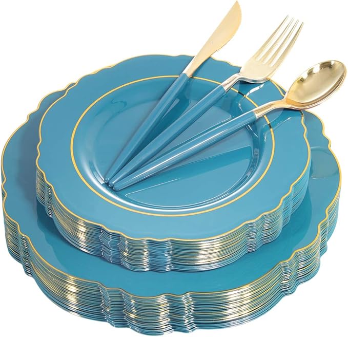 Nervure 100PCS Teal Plastic Plates With Gold Rim & Gold Disposable Silverware with Teal Handle Include 40 Plates, 60 Plastic Sivlerware for Party & Wedding