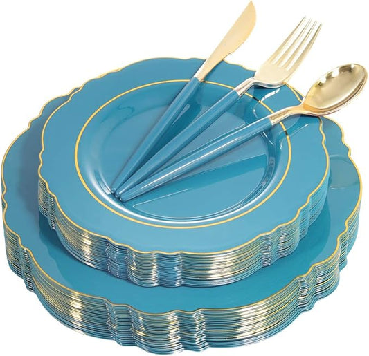 Nervure 100PCS Teal Plastic Plates With Gold Rim & Gold Disposable Silverware with Teal Handle Include 40 Plates, 60 Plastic Sivlerware for Party & Wedding