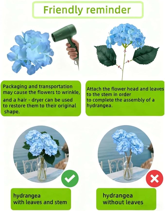 50 Pack Artificial Light Blue Hydrangea Flowers with Leaves, 6 Inch Silk Flower Heads, DIY Mother's Day Wedding Decor Set with 100 Leaves, 50 Stems