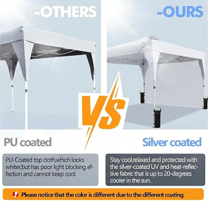 MAOO 10x10 Pop Up Canopy Tent with Sidewall, Easy Setup Instant Outdoor Canopy, 210D Silver Coated Waterproof UPF 50+ Sun Shade Shelter, Heavy Duty Steel Frame, Roller Bag,Khaki (White)