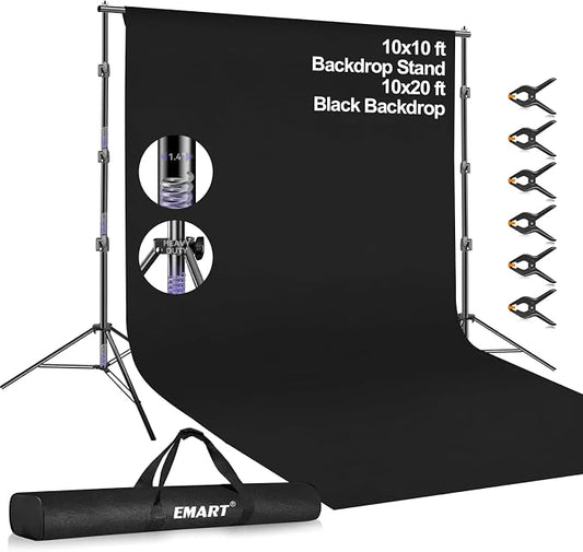 EMART 10 x 10 ft Adjustable Photo Backdrop Stand Kit with 20 x 10 ft Portable Black Backdrop, Background Holder Support System Kit for Photography, Party, Live Game, Interviews, YouTube, TIK Tok