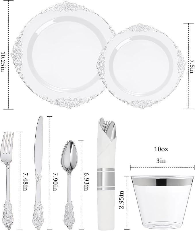 Goodluck 350 Piece Silver Plastic Dinnerware Set for 50 Guests, Fancy Disposable Plates, Include: 100 Silver Rim Plastic Plates, 150 Silverwares, 50 Pre Rolled Napkins, 50 Cups for Party, Wedding