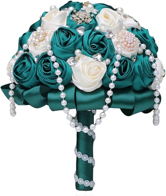 Emerald Green and Ivory Bridal Wedding Bouquet with Rhinestone Brooch Pearl String Cascade Bouquet for Bride Bridesmaid Quinceanera Rose Flower Bouquet Wedding Emerald Green and Ivory 7.5in