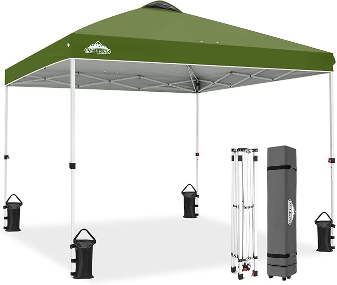 EAGLE PEAK Pop Up Canopy Tent with Wheeled Carry Bag, 8 Stakes, 4 Ropes, 4 Weight Bags, Easy Set Up Tent Canopy, 10x10 ft, 100sqft of Shade, Grass Green