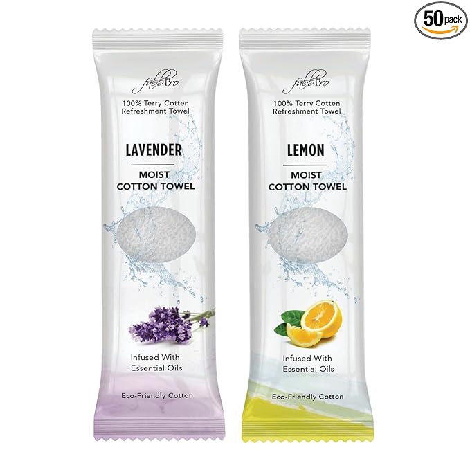 Oshibori Moist Terry Cotton Refreshment Towels (50 Pack, 8 x 8 Inches) - White Mildly Scented Pre-moistened Towel to Use Hot or Cold - Lemon & Lavender Scent Bundle of 25 each