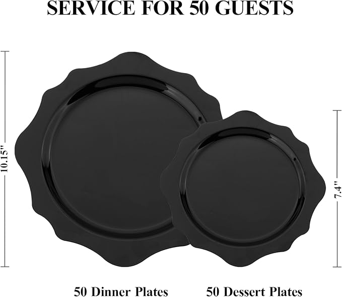 realluck 100 PCS Black Disposable Plates for 50 Guests, Scalloped Plastic Plates Include 50 Dinner Plates and 50 Dessert Plates for Party, Wedding, Graduation and Father's Day