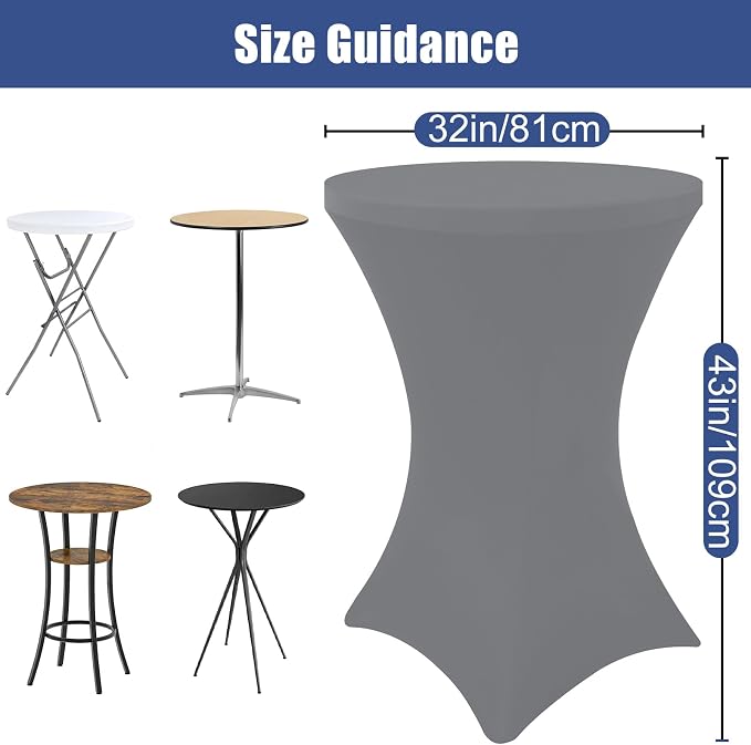 Moosfor Spandex Cocktail Table Covers 4 Pack, Elastic Fitted Stretch Table Cloth, Round High Top Tablecloths for Bar, Party, Pub, Wedding & Banquet (Grey, 32x43 Inch)