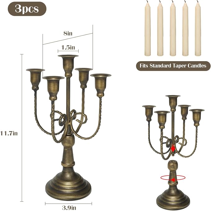 5 Arm Bronze Candelabra Candle Holder Set of 3, 11.7" Vintage Metal Candlestick Holders for Taper Candles Elegant Wedding Centerpiece Table Decor for Dining Room Fireplace Mantel Party Holiday Decor
