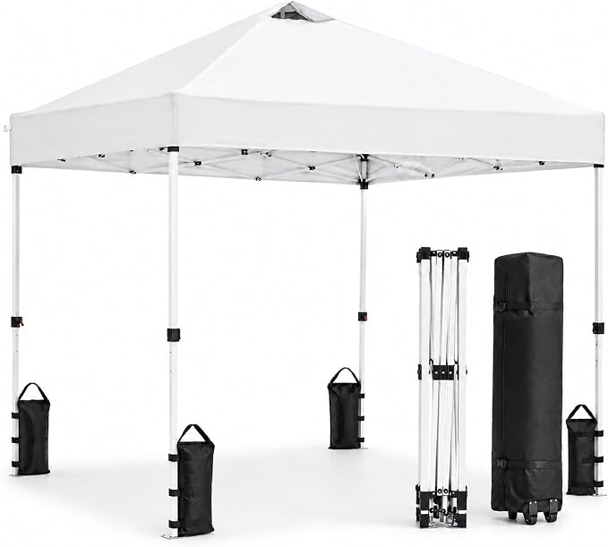 10x10 Pop Up Canopy Tent – One-Person Setup, Waterproof & UV-Blocking, Heavy-Duty Steel Frame, Wheeled Bag & Sandbags – Outdoor Shelter for Party, Camping, Beach, Outside Events (White)