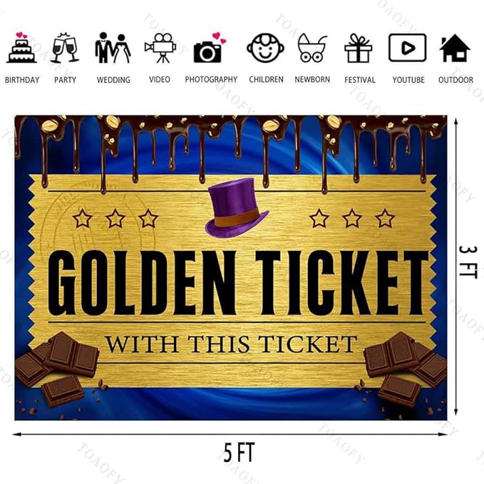 5x3FT Golden Ticket Backdrop Chocolate Factory Backdrops Candy Backdrops Blue Backdrop for Kids Girls 1st Birthday Party Baby Shower Photo Background TAYBDJ802