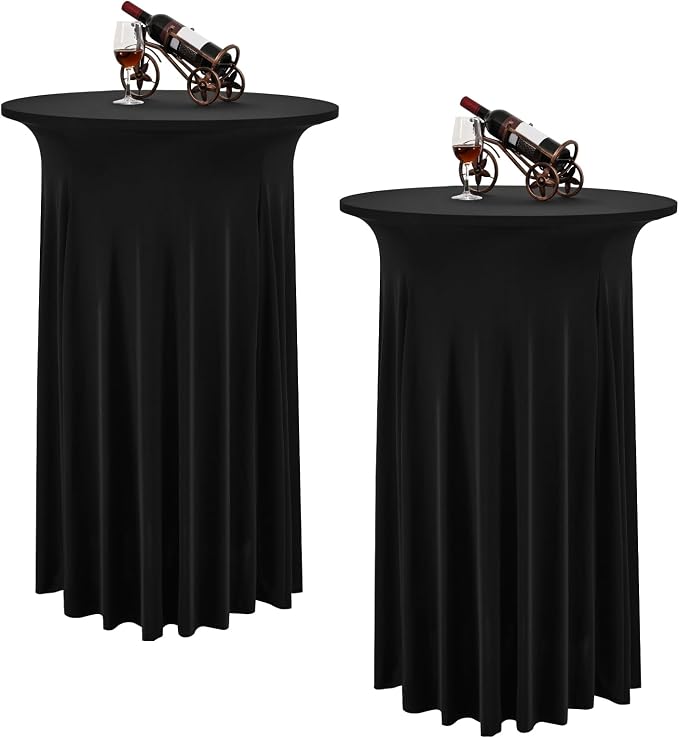 2 Packs Round Cocktail Table Skirt 24"x 43" Spandex Stretch Cocktail Tablecloth with Wavy Drapes, Black Spandex Fitted High Top Table Covers for Wedding Bar Party Birthday Banquet Table