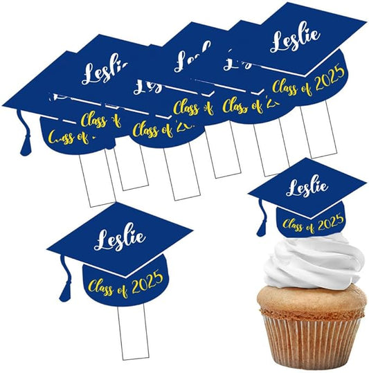 Cupcake Toppers Graduation Class of 2025 Blue School Colors Student or School Party Favor Acrylic Food Picks or Cake Accessories Personalized with Custom Name - 12 Piece Set