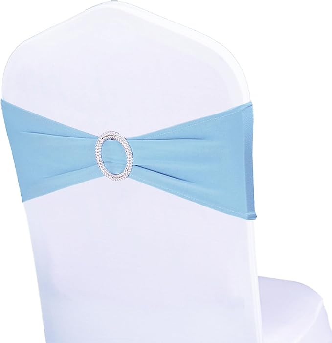Pack of 50 Stretch Baby Blue Chair Sashes for Wedding, Elastic Chair Bands with Buckle Slider, Spandex Chairs Bows for Party, Without White Chairs Covers (Baby Blue)