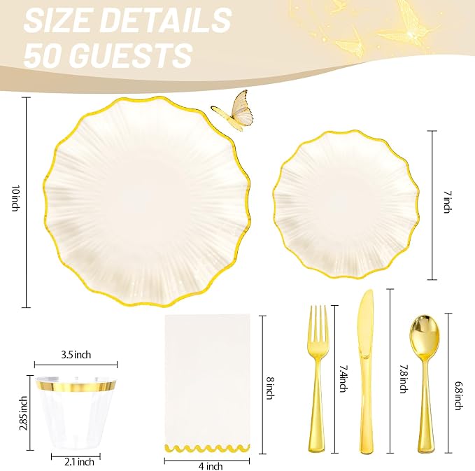 I00000 350 PCS Ivory and Gold Plastic Plates for 50 Guests, Premium Scalloped Disposable Dinnerware Set Include: 100 Disposable Plate, 50 Napkins, 50 Cups, 50 Silverware Set for Party & Wedding