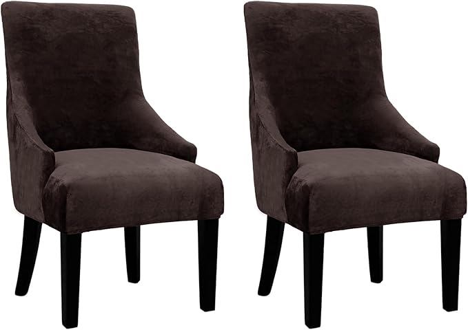 Velvet Wingback Dining Chair Cover Soft Stretch Accent Chair Cover Slipcover Thick Plush Wing Back Chairs Covers Furniture Protect Washable Chairs Protector Covers for Dining Room (Dark Brown, 2)